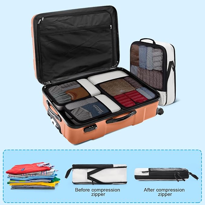 4 PCS Set Compression Packing Cubes for Travel, Lightweight Packaging Organizer Bags for Carry On Space Saving, Travel Essent