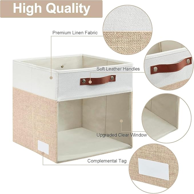 Bagnizer Storage Cubes, 4 Pack Linen Foldable Storage Bins with Clear Window and 2 Handles, 13x15x13 Storage Cube Bins for Sh
