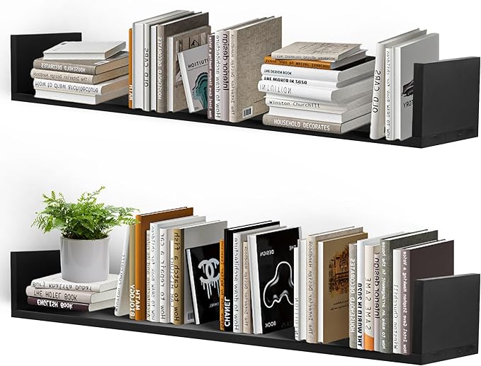 PHOENANCEE Floating Book Shelves,32 Inches Wall Bookshelf U Shaped,Long Hanging Bookshelf for Wall,Large Rustic Storage Books