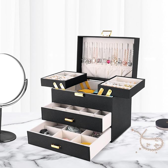 Dajasan Jewelry Organizer Box, Large Jewelry Boxes for Women Girls, Space-Saving 4 Layers Jewelry Storage Case with Drawer, M