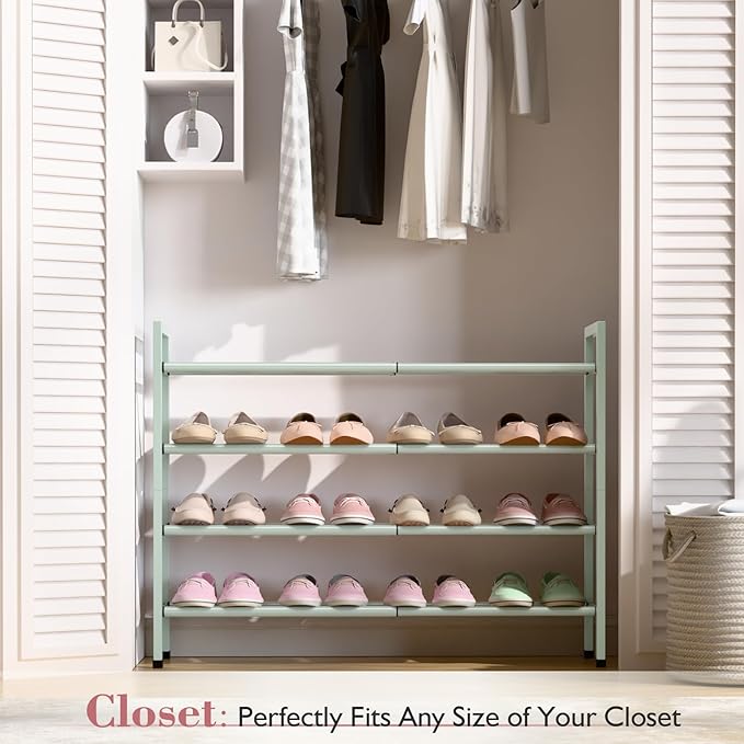 Bumusty 4-Tier Expandable Shoe Rack for Closet, 18“-33” Adjustable Shoe Rack for Small Space, Small Shoe Organizer for Front 