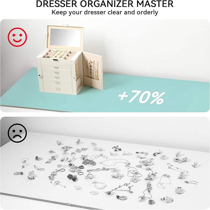 Frebeauty Large Jewelry Box,6-Tier PU Leather Jewelry Organizer,Multi-functional Storage Case with Mirror,Accessories Holder 