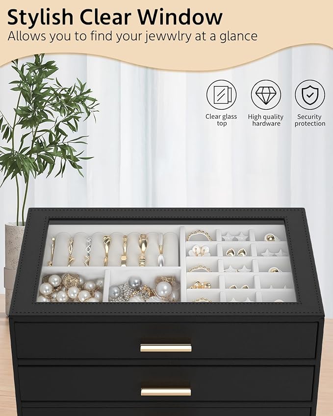 AKOZLIN Jewelry Box with Clear Lid Functional Leather Jewelry Storage Organizer Case 3 Drawers for Women Girls Necklace Ring 