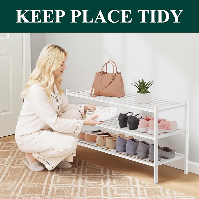 Smiry Long Bamboo Shoe Rack 3-Tier, Stackable Wooden Shoe Organizer for Entryway & Closet, Free Standing Wood Shoe Storage Sh