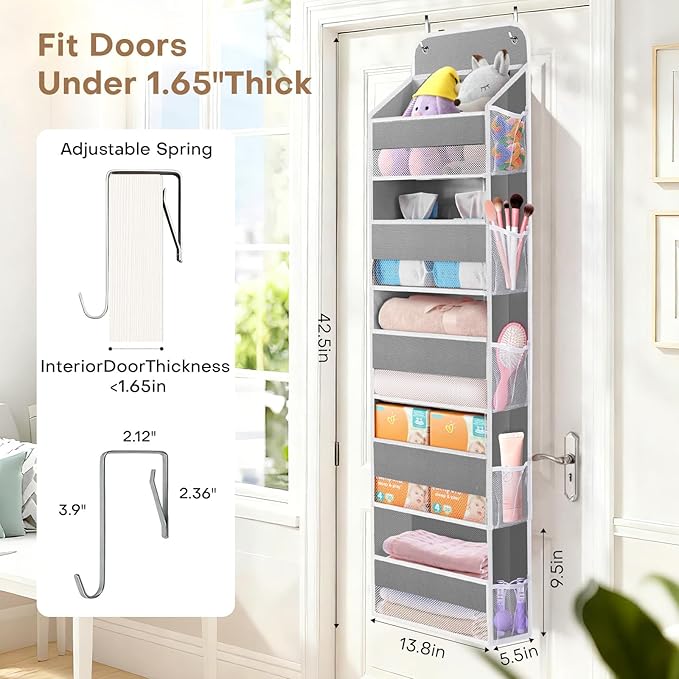 SpaceWhisper Over the Door Organizer, 5 Large Pocket Hanging Storage Organizer with 40lb Capacity, Space Saving for Nursery, 