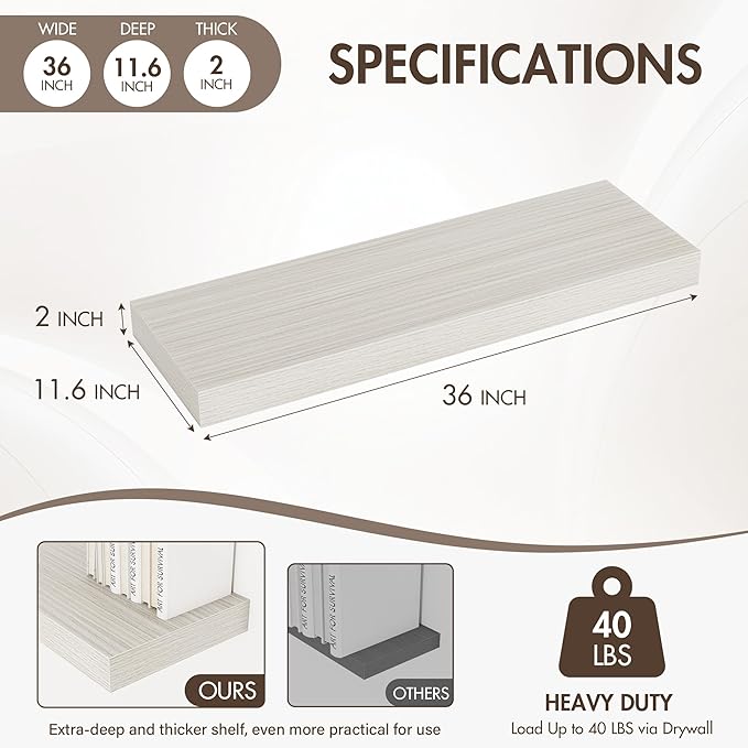 36 Inch Floating Shelves, 12" Deep Floating Shelf Wall Mounted, 36" Wall Shelves, Rustic Deep Bookshelf, Extra Deeper & Thick