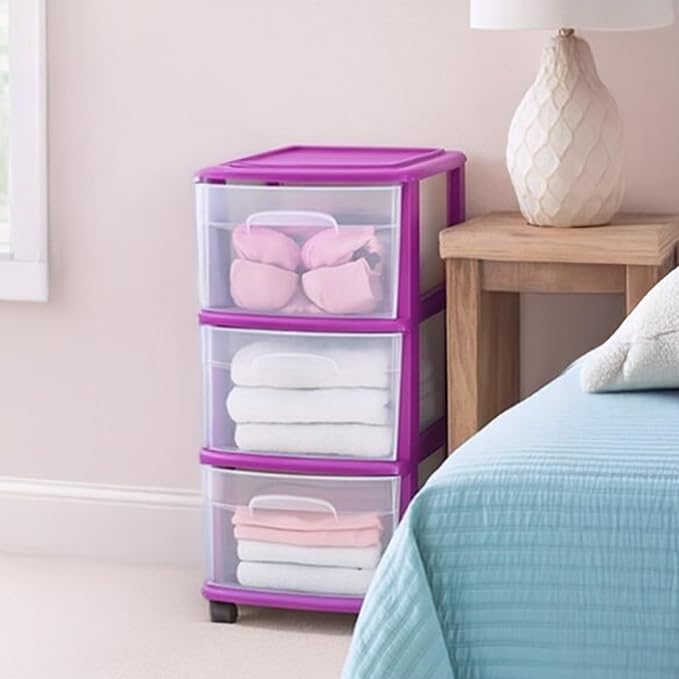 HOMZ Drawer Tower, 3-Tier Clear Plastic Storage Organizer Cart, Purple Frame - Rolling Drawer Containers with Wheels for Bath