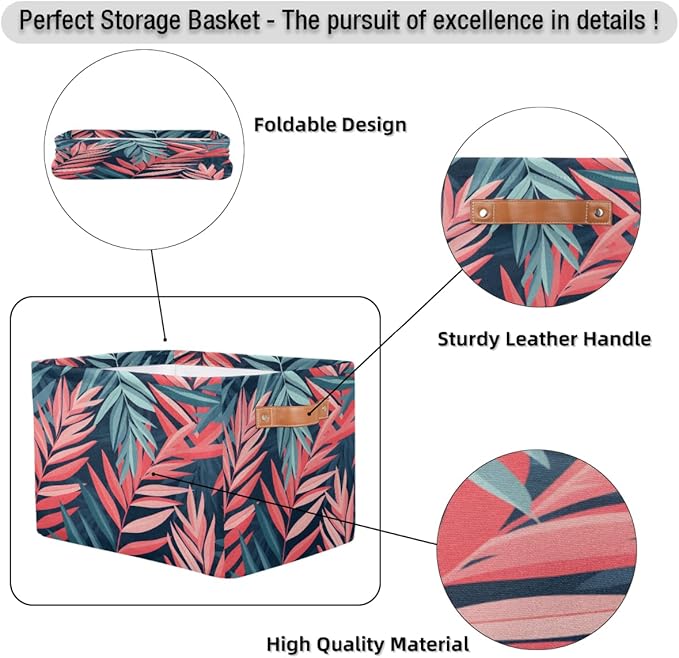 Tropical Palm Leaf Floral Storage Basket Collapsible Cloth Storage Cube Basket Bins Organizer with Handles Rectangular Large 