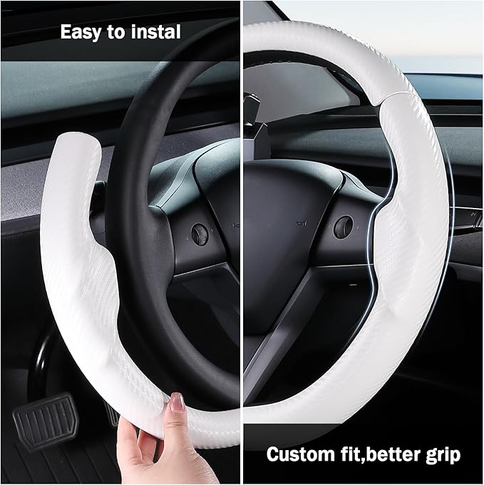 Steering Wheel Cover for 2017-2023 Tesla Model 3 2020-2024 Tesla Model Y, Carbon Fiber Steering Wheel Cover for Tesla Model 3/Y Accessories, Matte White