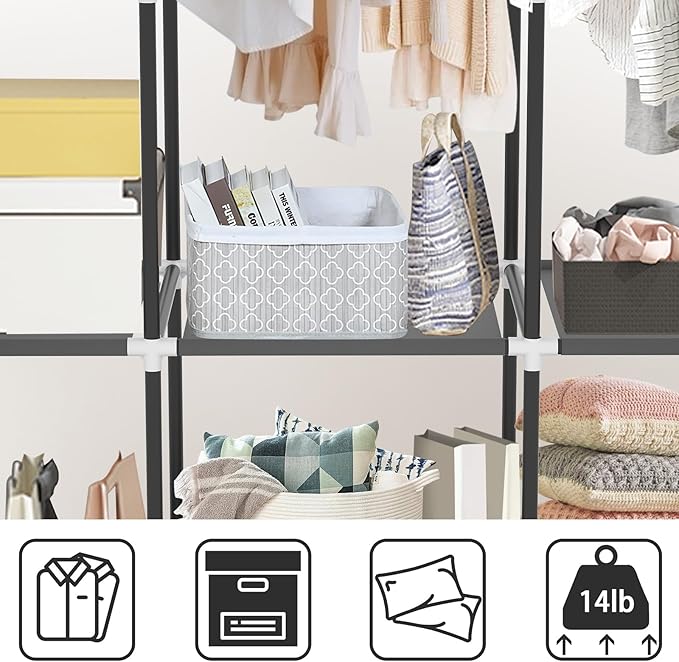 LOKEME Portable Closet, Portable Closets for Hanging Clothes with 3 Hanging Rods and 6 Storage Shelves and 4 Side Pockets, Bl