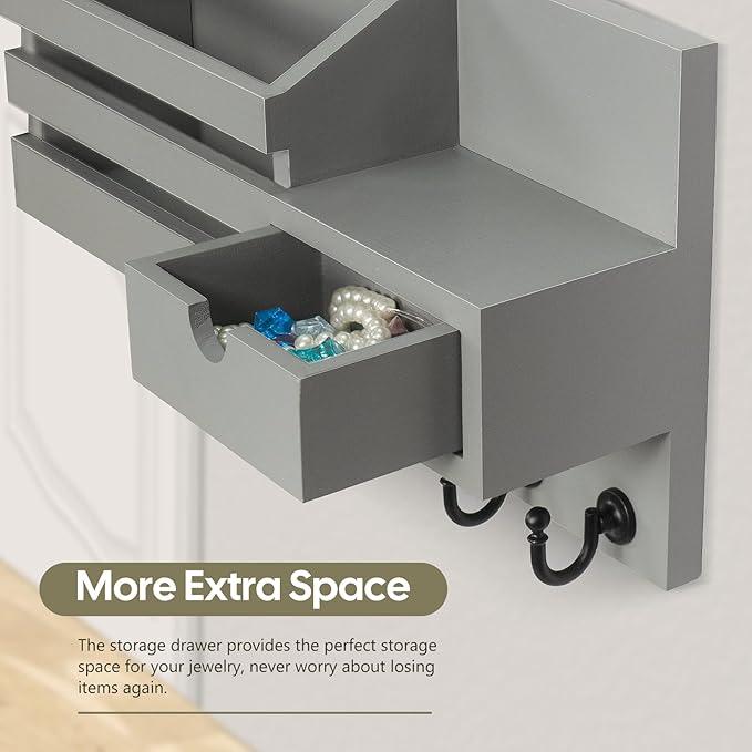 FifthQuarter Key and Mail Holder for Wall, Mail Organizer Wall Mount with 6 Hooks and Storage Drawer, Easy Installation Key R