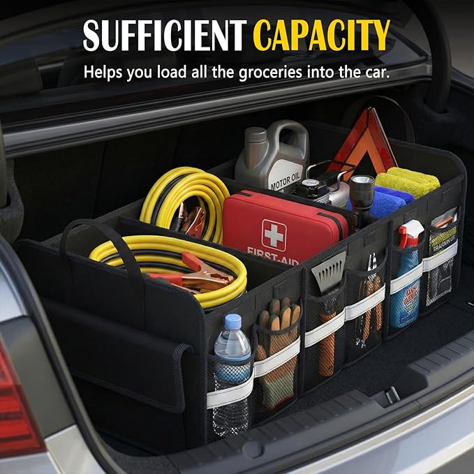 Trunk Organizer for SUV, Large trunk organizer for car, Collapsible Multi-Compartment Car Trunk Organizer, Sturdy Cargo Trunk