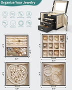 AKOZLIN 4-Tier Jewelry Box Leather Jewelry Storage Organizer with 3 Drawers Lockable for Women Girls Ring Necklace Earring Br