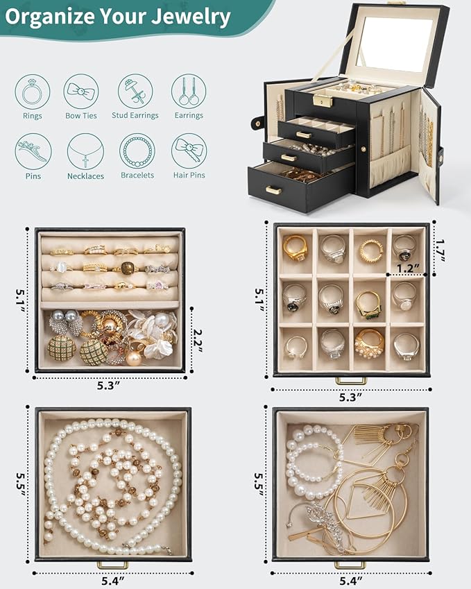 AKOZLIN 4-Tier Jewelry Box Leather Jewelry Storage Organizer with 3 Drawers Lockable for Women Girls Ring Necklace Earring Br