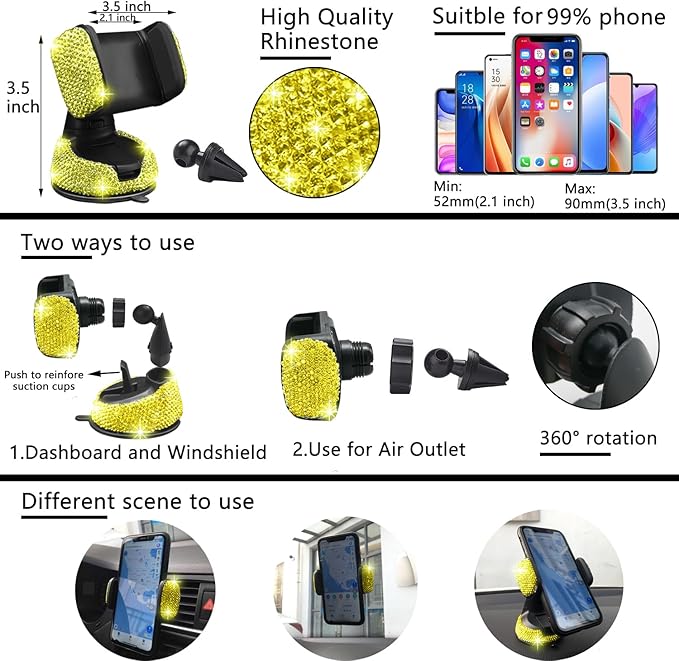 NBTEPEM 27 PCs Yellow Bling Car Accessories Set for Women, Steering Wheel Covers Universal Fit 15 Inch, Bling License Plate Frame, Bling Phone Holder, Bling Car Coasters (Yellow Diamond)
