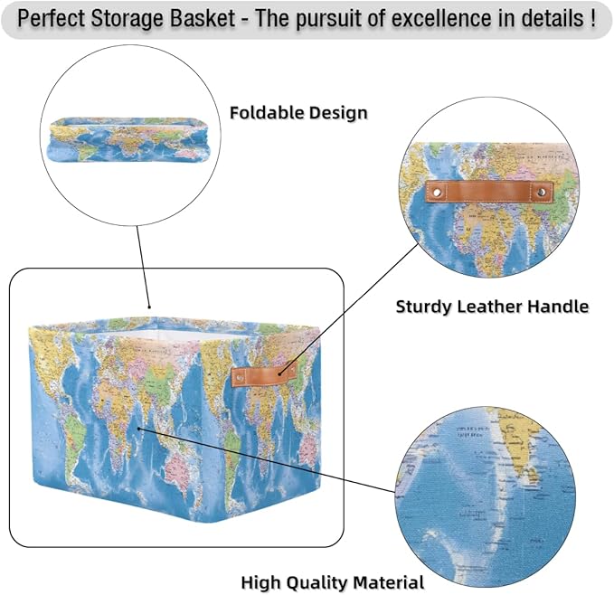Globe World Map Storage Basket Collapsible Cloth Storage Cube Basket Bins Organizer with Handles Rectangular Large Toys Shelf