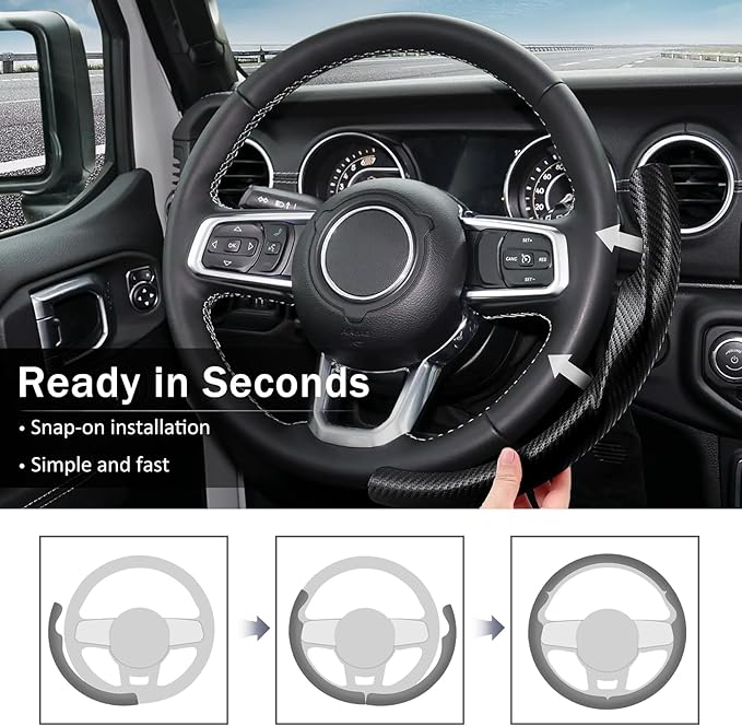 3-Piece Carbon Fiber Steering Wheel Cover, Custom Fit for Jeep Wrangler 2018-2026 Gladiator 2020-2026,Quick Install Ultra-Thin & Non-Slip,Interior Car Accessories for Men Women(Matte Black)