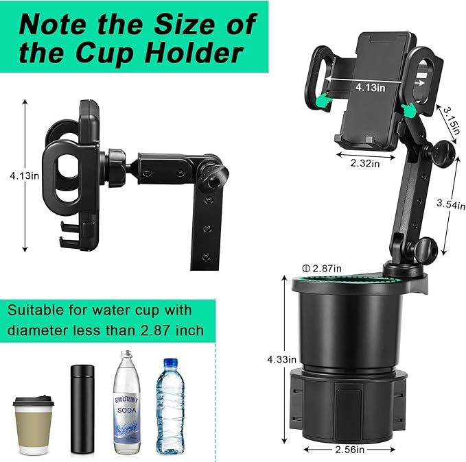 THIS HILL 2-in-1 Cup Holder and Cell Phone Holder - with 360° Rotating Stand and Adjustable Base for All iPhone Models and Sm