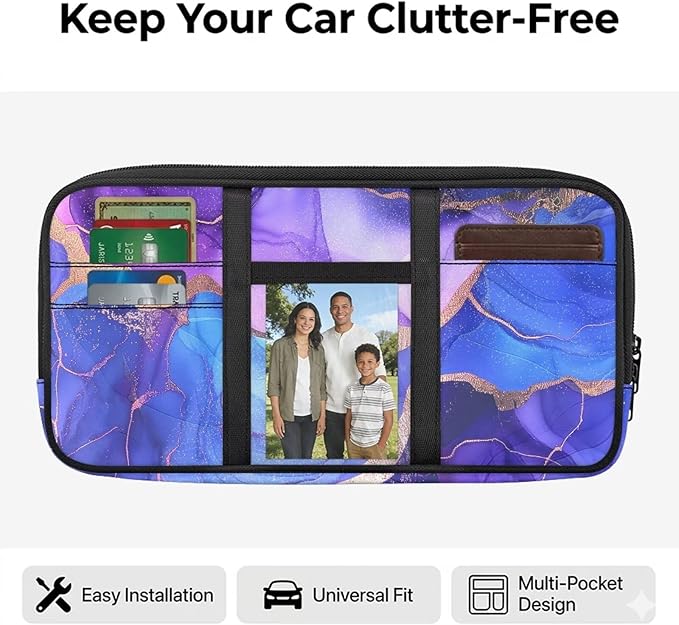 Marble Car Sun Visor Organizer, Multi-Pocket Truck Visor Organizer Car Sun Storage Pocket Pouch Case Bag with Velcro Straps for Sunglasses, Cards, Pens and Document Machine Washable