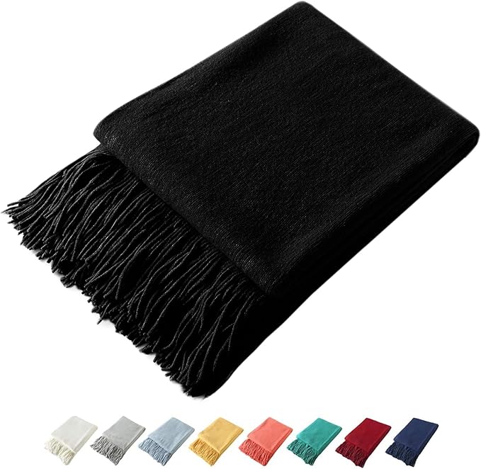 Homiest Decorative Knitted Throw with Fringe, Lightweight Acrylic Knit, Soft Tassel for Couch, Sofa, Bed (Black, 50 x 60 Inch