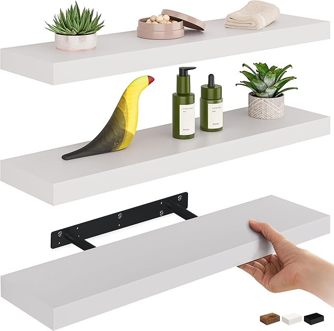 Ballucci Floating Shelves for Wall, 24" Wood Wall Shelf Set of 3, Invisible Brackets Floating Shelf, Decor Living Room, Bathr