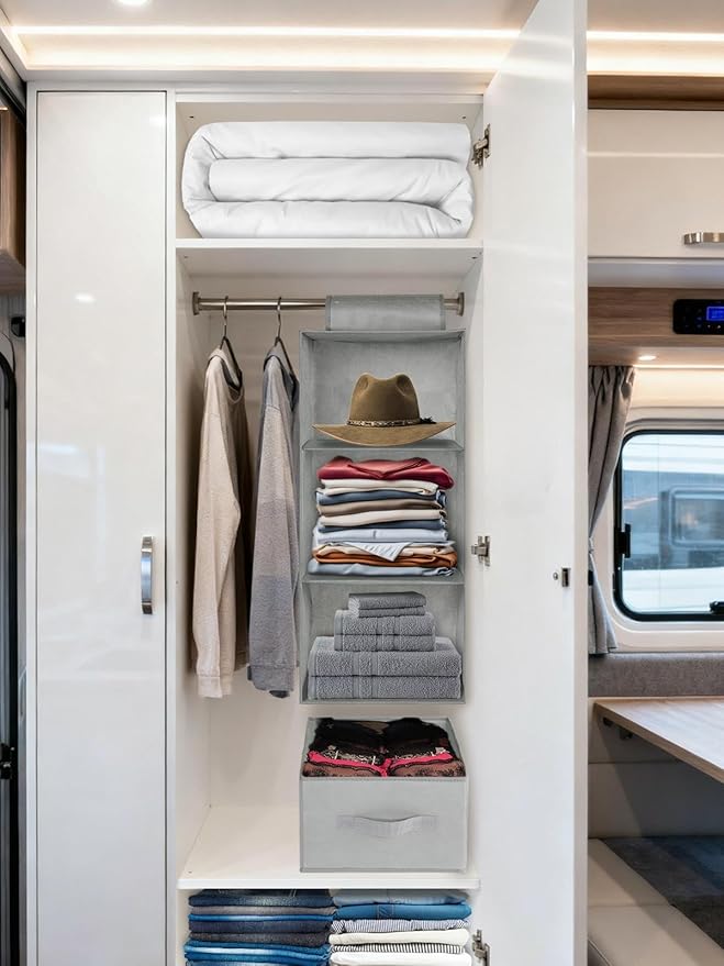 punemi 3-Shelf Hanging Closet Organizer, 2 Pack Closet Hanging Organizer with Drawers, Foldable Hanging Closet Shelves for Rv