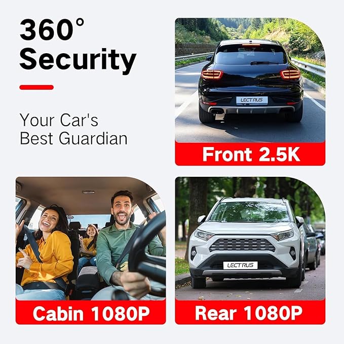 3 Channel Dash Cam Front and Rear Inside, 2.5K Dash Cam, APP Control, Night Vision, 3" IPS Screen, Built-in Wi-Fi, G-Sensor, 