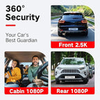3 Channel Dash Cam Front and Rear Inside, 2.5K Dash Cam, APP Control, Night Vision, 3" IPS Screen, Built-in Wi-Fi, G-Sensor, 