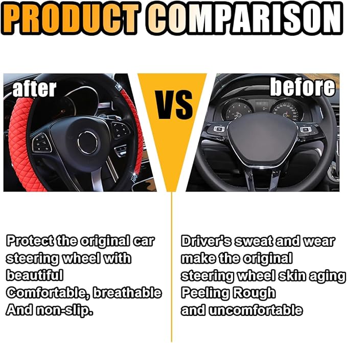 Bling Soft Leather Steering Wheel Cover, 15 Inch Colorful Rhinestones Auto Elastic Protector with Crystal Diamond for Women G