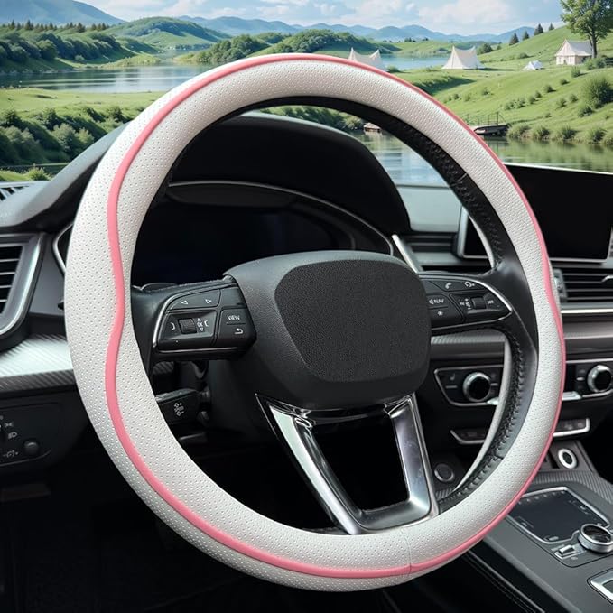 HAOTULE Leather Steering Wheel Cover， with Anti-Slip Stripe Design - Enhanced Grip, Fashion Style, Safe, Non-Slip, Breathable