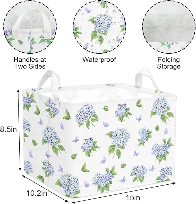 FYSUIMU Blue Floral Nursery Basket Spring Hydrangea Flower Collapsible Storage Box Waterproof Canvas Storage Bin with Handle 