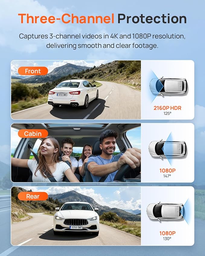 70mai 4K Dash Cam Front and Rear Inside, 3 Channel Car Dash Camera for Cars, Dashcam with GPS, Wi-Fi 6, Voice Control, Parkin