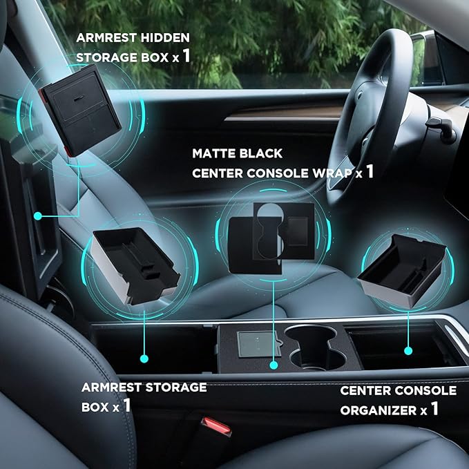 Nestour Upgraded 4PCS Flocked Center Console Organizer Tray Accessories Fit For 2021 2022 2023 Tesla Model 3 Model Y, Armrest Hidden Storage Box, Center Console Wrap Cover Kit.
