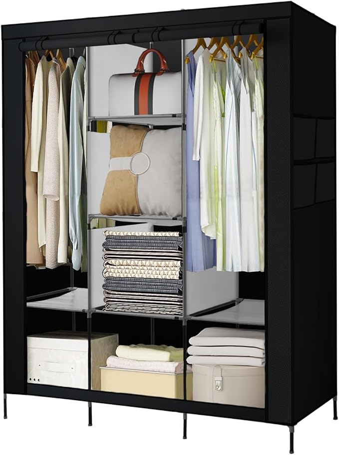 PLKO Portable Closet, Wardrobe Closet Organizer,Portable Clothes Closet Rolling Door Wardrobe with Black Oxford Fabric Cover 