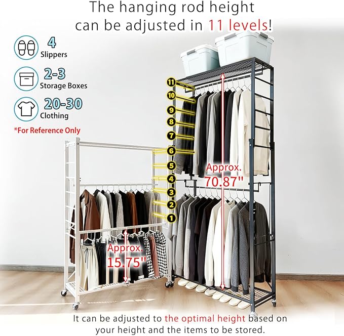 lumizone Folding Clothing Rack with Wheels Expandable Wardrobe Portable Clothes Rack for Hanging Clothes Adjustable Closet Sh