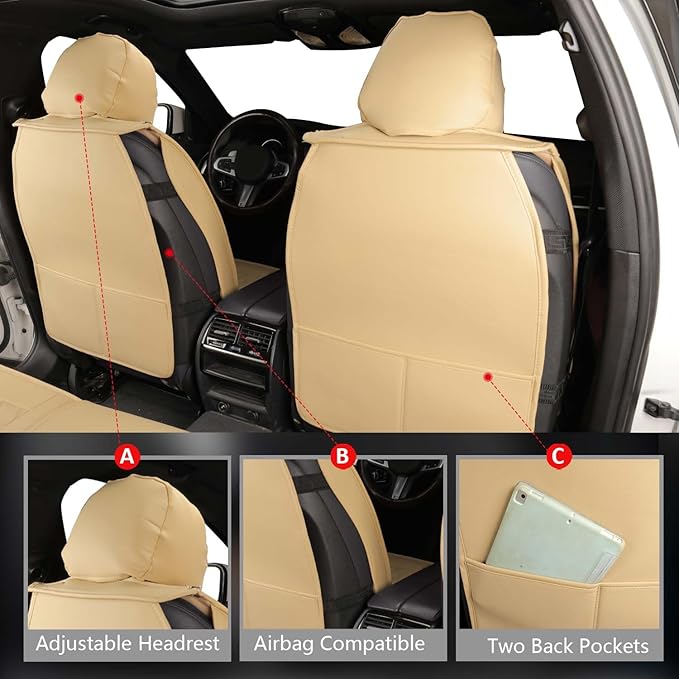 MIROZO Seat Covers Beige, Car Seat Covers Full Set Automotive Seat Covers Leather Seat Covers Car Seat Protector Universal Ve
