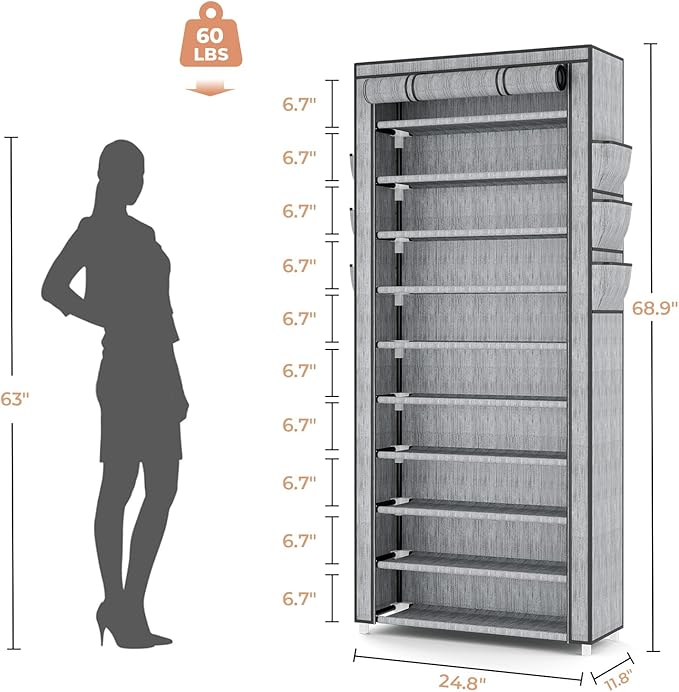 VTRIN Vertical Narrow Shoe Rack Organizer Tall Shoe Rack for Closet Entryway 10 Tier Non-Woven Cover Shoe Shelf Holds 36-41 P