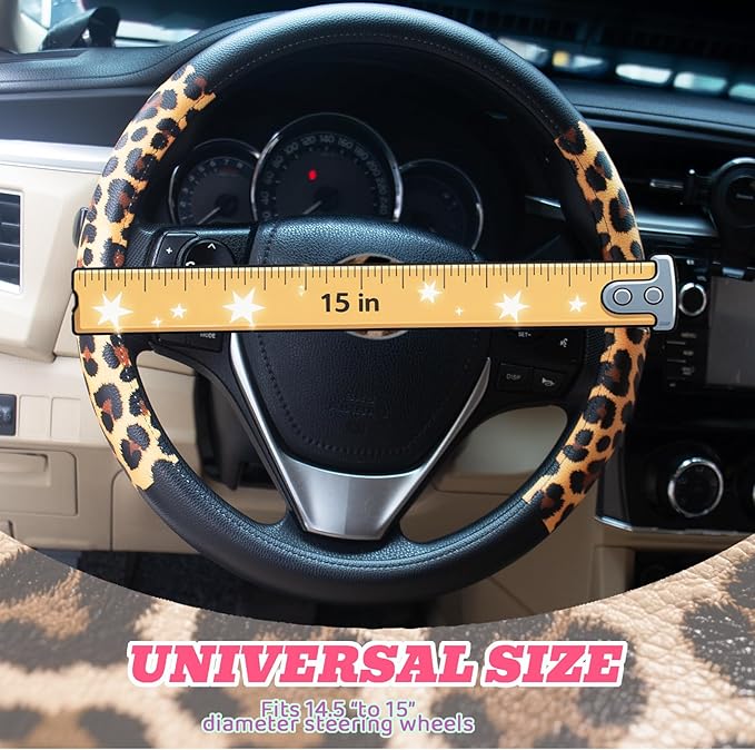 Universal Leather Leopard Cheetah Steering Wheel Cover Women 14.5-15 inch Leopard car Accessories Western Anime Brown Cute Wh