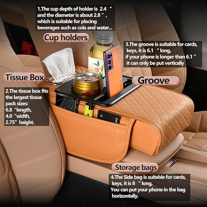 Car Armrest Cushion,5-in-1 Center Console Cover with 2 Storage Bags Cup Holder, Tissue Box Slot, Phone Slot for Sedans, Car Accessories Interior Organizers (Black red)