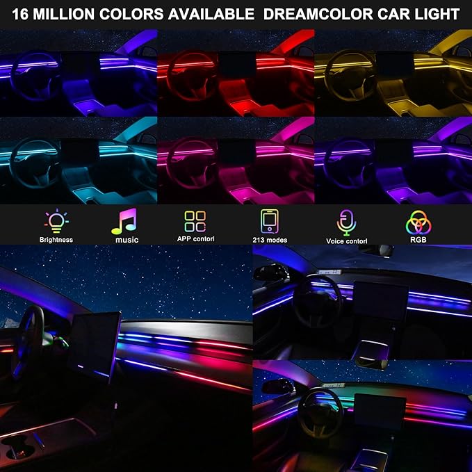 Dreamcolor Acrylic Interior Car LED Strip Light with USB/Type C, RGB 2 in 1 with 59.04 inches LED Strip, Dynamic Chasing Music Sync Neon Ambient Lighting Kits