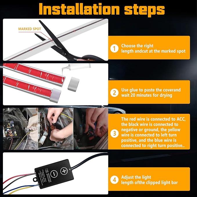 Flexible Car Hood Light Strip, 70 Inches Dynamic LED Daytime Running Lights, White and Amber Switchback Sequential Turn Signal Lights for Car, Truck, SUV