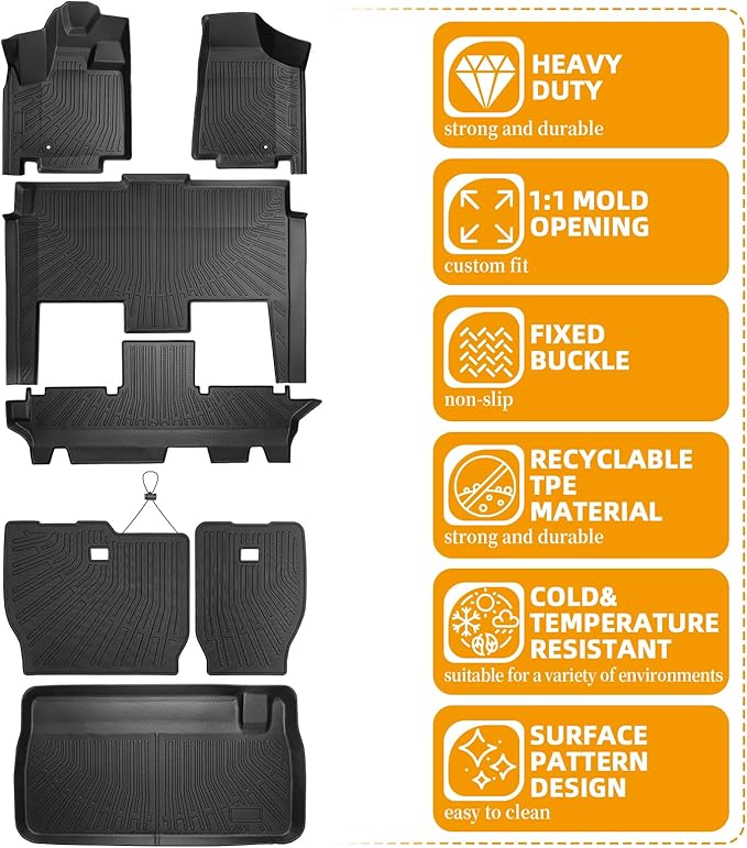 Floor Mats for Chrysler Town & Country 2008-2010 2011 2012 2013-2016(ONLY Stow'n Go) & for Dodge Grand Caravan 2008-2015 2016-2018 2019-2021,TPE Custom Floor Liners & Seatback Mat & Cargo Liner