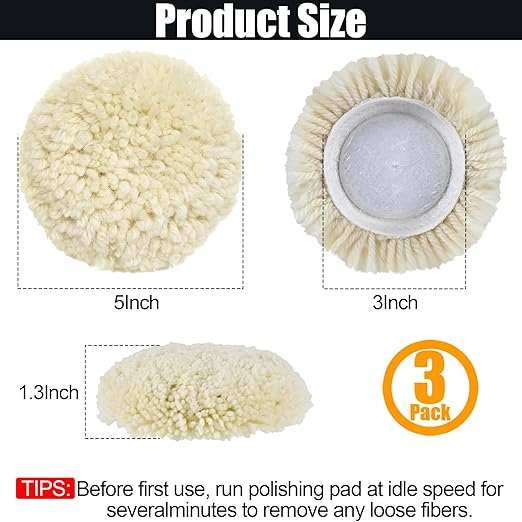 3 PCS Wool Buffing Polishing Pads 3 Inch, Natural Wool Cutting Pads with Hook and Loop Backing Compound & Polishing for Automotive Car Boats Glass Furniture Repair