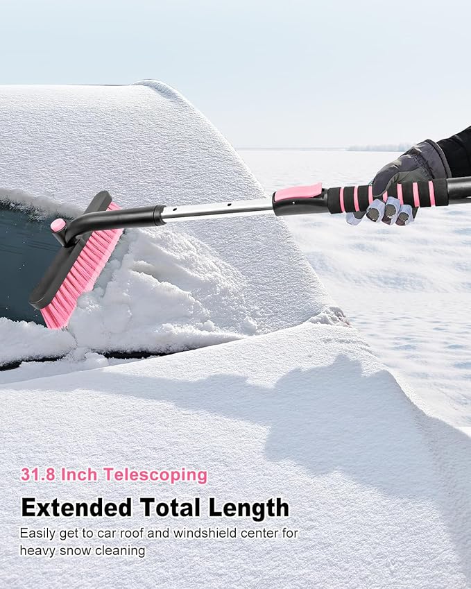 SEAAES Ice Scraper with Snow Brush for Car Windshield, Upgraded Extendable Snow Brush with Foam Grip for Truck SUV Vehicle Windows - Pink