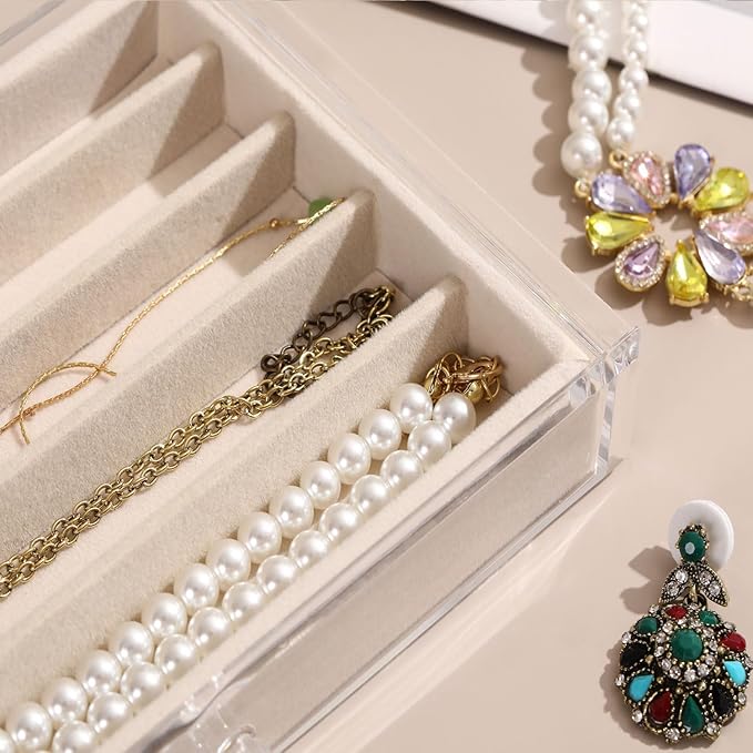 5 Drawers Necklace Organizer Storage, Tray with Clear Lid, Dustproof Velvet Necklaces Holder Storage Display Case, Necklace T