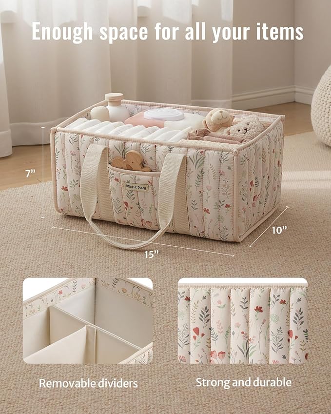 Blissful Diary Floral Diaper Caddy Organizer, Stylish Nursery Storage Basket, Gift for Baby Shower, Newborn Essentials, Flora