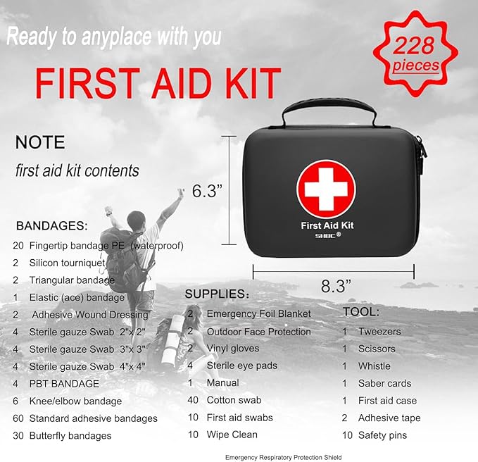 SHBC Waterproof First Aid Kit (228pcs) with All Basic or Advanced Supplies You Need. Suitable for Emergencies at Home or Outs