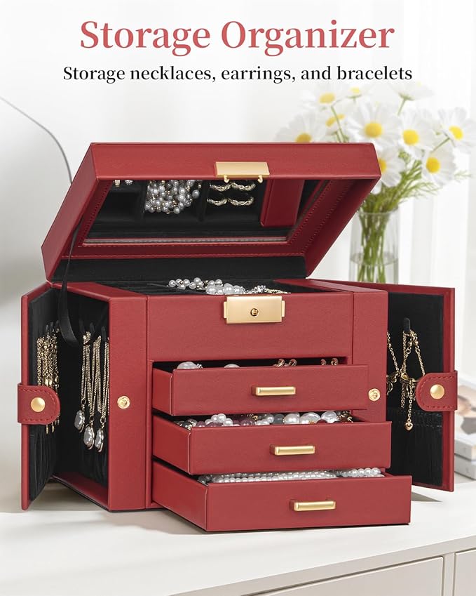 TORIBIO Jewelry Box for Women, Leather Jewelry Organizer with Mirror & Lock, 4-Tier Jewelry Storage Organizer with 3 Drawers 