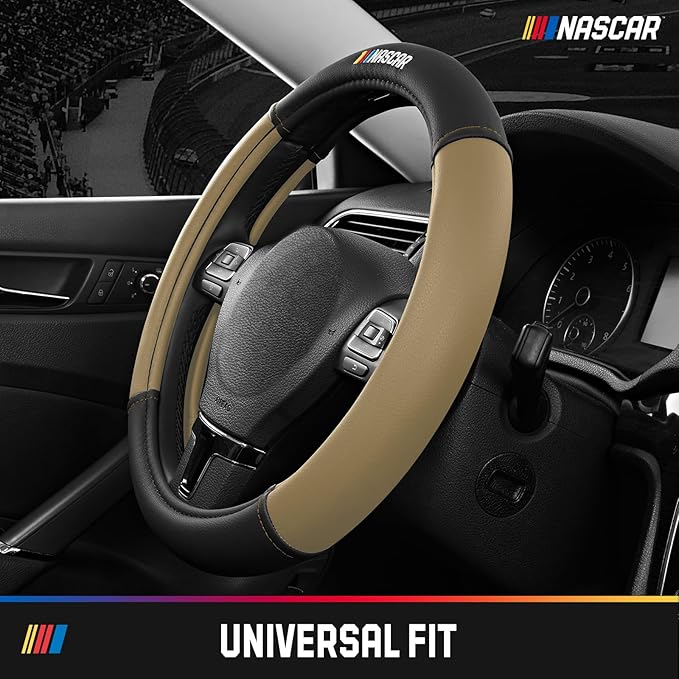 NASCAR Steering Wheel Cover, Two-Tone Beige Leather Patchwork, Universal Fit 14.5"-15.5" Steering Covers for Cars, Anti-Slip,