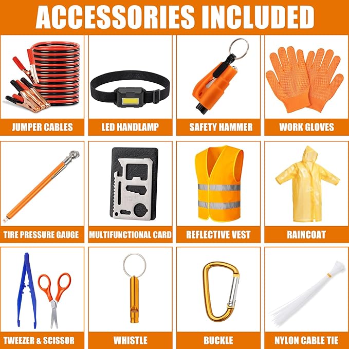 AUTODECO Car Roadside Emergency Kit, Car Safety Kit Portable Car Kits for Emergency with Jumper Cable, Safety Hammer, Orange